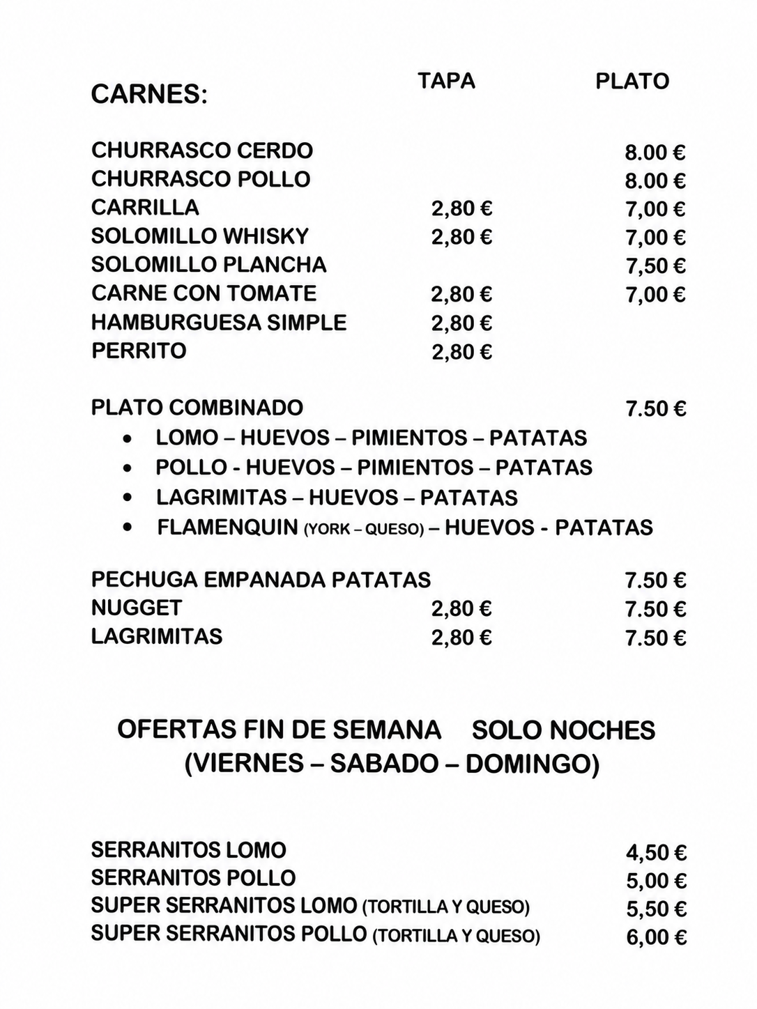Carta del bar, segunda página: carnes, platos combinados y ofertas de fin de semana