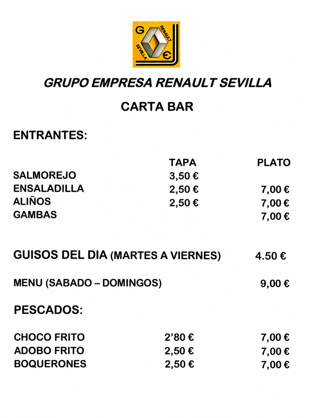 Carta del bar, primera página: entrantes, guisos y pescados