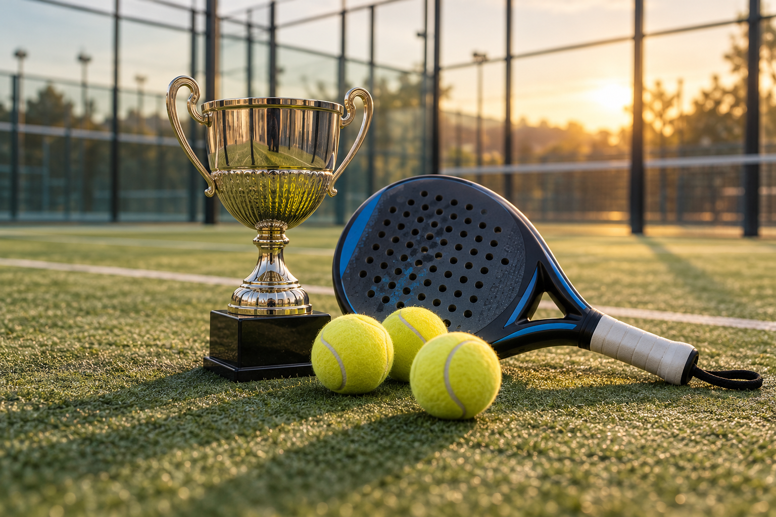 Copa, pala de pádel y pelotas en una pista